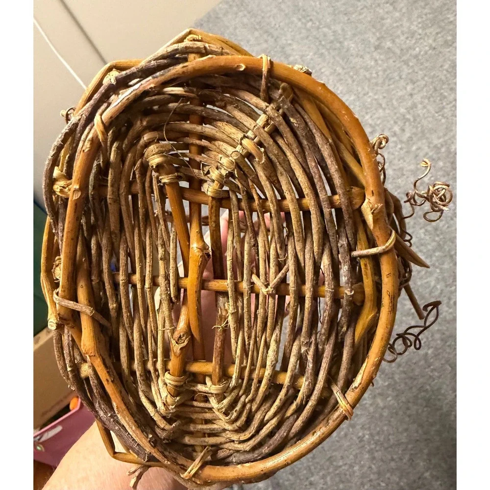 Small Rustic Grapevine Woven Basket w/ Handle and Plastic Liner Brown Farmhouse